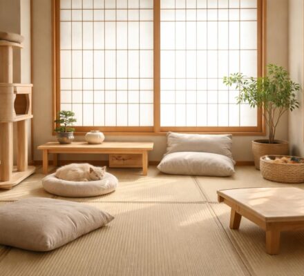 Créer un coin détente japonais pour animaux avec des tatamis et du mobilier minimaliste Muji
