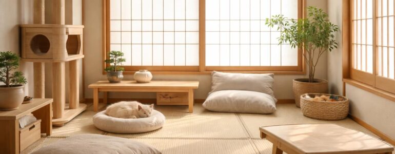 Créer un coin détente japonais pour animaux avec des tatamis et du mobilier minimaliste Muji