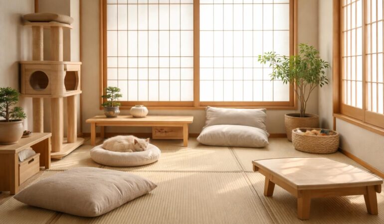 Créer un coin détente japonais pour animaux avec des tatamis et du mobilier minimaliste Muji
