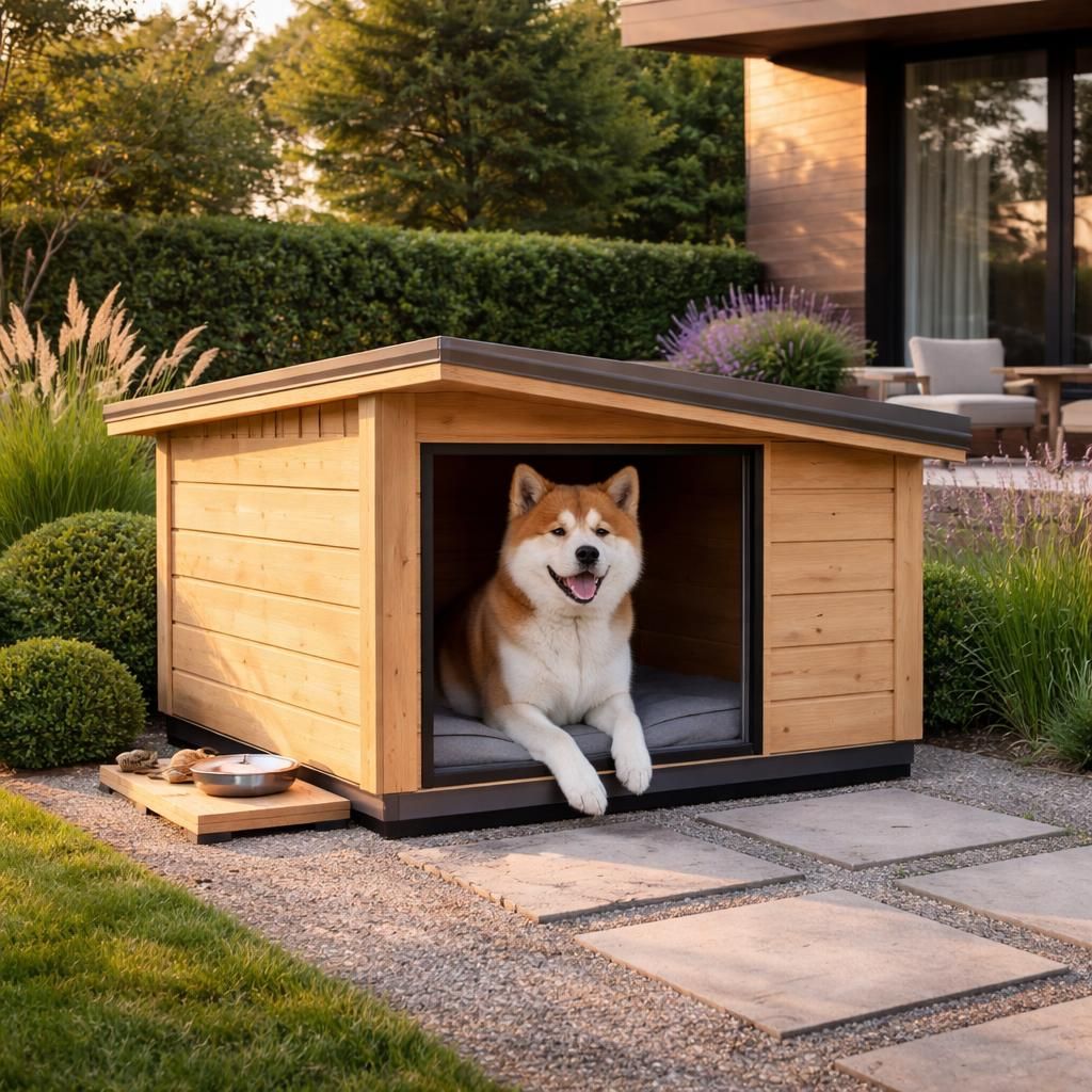 découvrez notre niche design pour akita, équipée d'une isolation thermique performante et d'un revêtement en bois douglas naturel, alliant confort et esthétique pour votre chien.