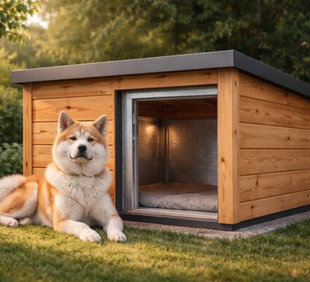 Élevage Akita : niche design avec isolation thermique et revêtement bois Douglas naturel