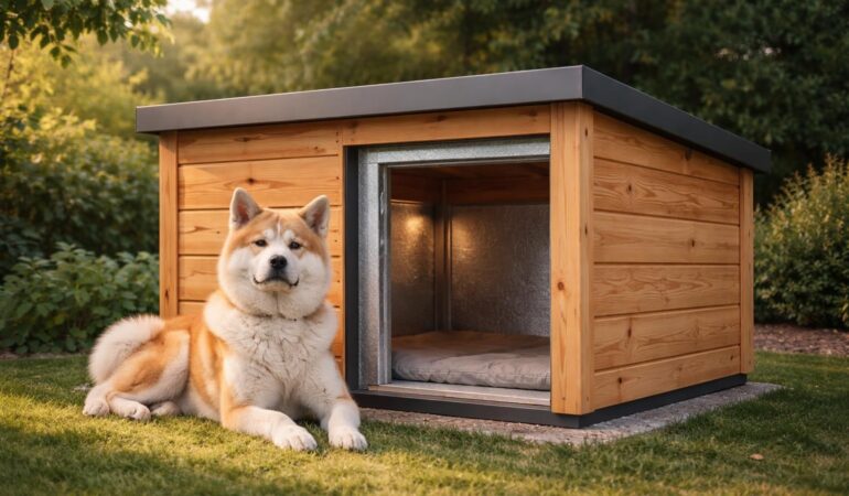 Élevage Akita : niche design avec isolation thermique et revêtement bois Douglas naturel Élevage Akita : niche design avec isolation thermique et revêtement bois Douglas naturel