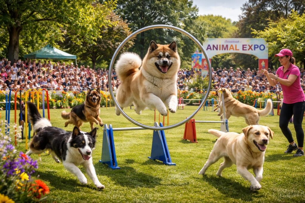 Spectacles canins avec Akita et autres races lors du salon Animal Expo au Parc Floral de Paris