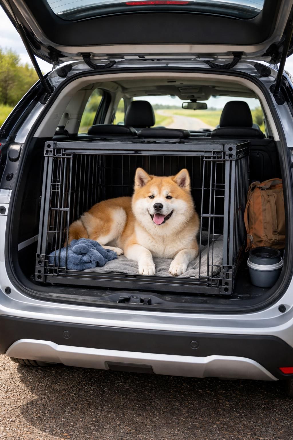 assurez un transport sécurisé de votre chien akita dans notre suv nissan x-trail équipé de cages homologuées, idéal pour les longs trajets en toute sécurité et confort.