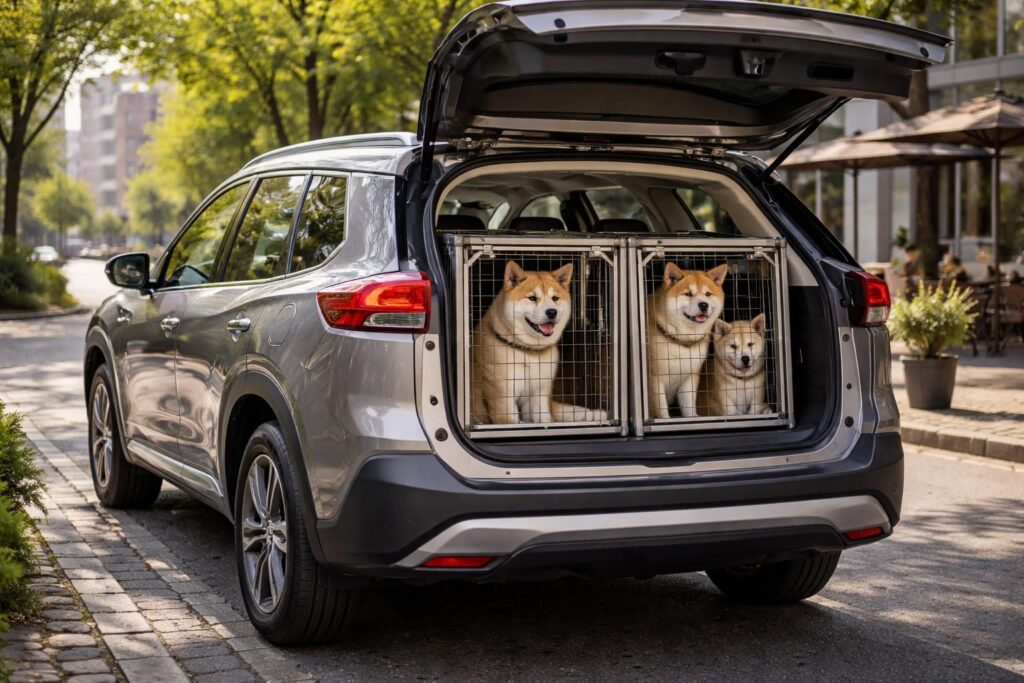 Transport sécurisé chiens Akita en SUV Nissan X-Trail avec cages homologuées pour longs trajets