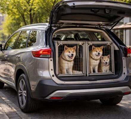 Transport sécurisé chiens Akita en SUV Nissan X-Trail avec cages homologuées pour longs trajets