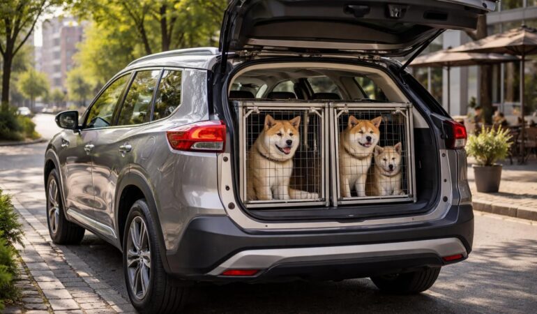 Transport sécurisé chiens Akita en SUV Nissan X-Trail avec cages homologuées pour longs trajets Transport sécurisé chiens Akita en SUV Nissan X-Trail avec cages homologuées pour longs trajets